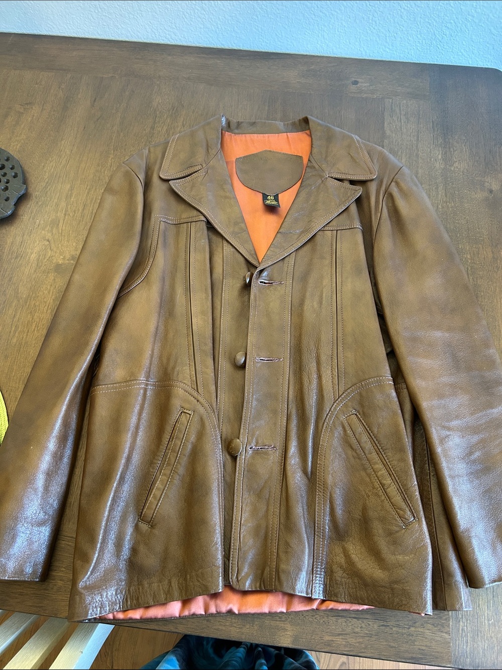 Vintage William Barry 1970’s Brown Leather Men's Jacket with Orange Lining